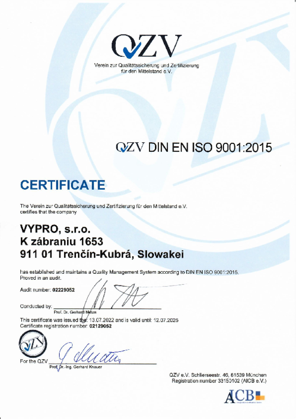 Certifikát DIN EN ISO 9001:2015